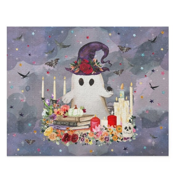 Ghost Puzzle for Halloween: 500 Pieces, 16x20 Inches | Adorable Ghost with Flowers and Bats, Halloween Candles and Flowers, Fall Puzzle