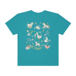 Boho Cottagecore Style Shirt for Animal Lover: Pastel Farm Animals | Whimsical and Cute Floral T-Shirt with Flowers, Sweet Aesthetic Gift Topaz Blue