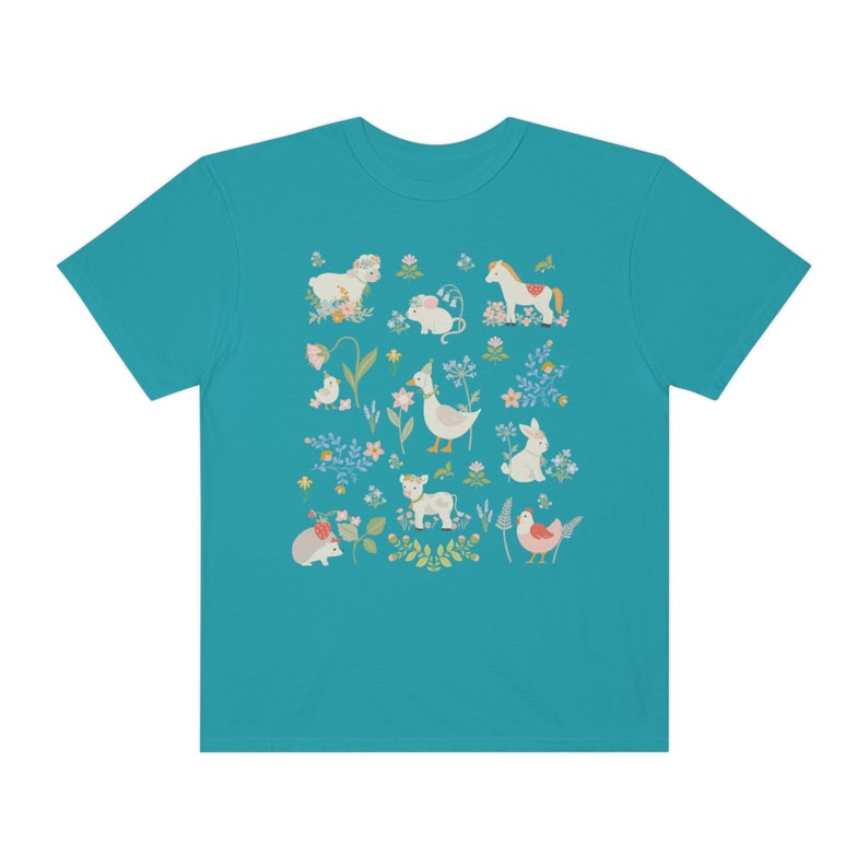 Boho Cottagecore Style Shirt for Animal Lover: Pastel Farm Animals | Whimsical and Cute Floral T-Shirt with Flowers, Sweet Aesthetic Gift Topaz Blue