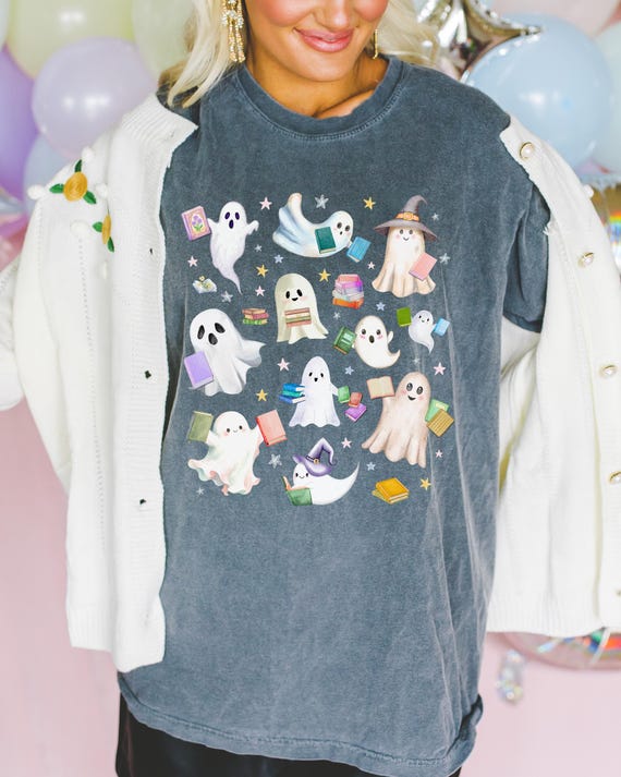 Bookish Ghost Lover Tee Shirt with Ghosts Holding Books for Reading Teacher or School Librarian, Silly Halloween Book Lover Matching Tee