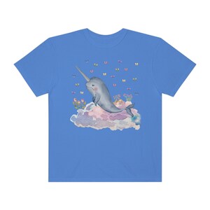 Funny Narwhal Tee Shirt with Dreamcore Aesthetic and Stars: Nineties Throwback | Kitschy Grandma Style Shirt, Eighties Inspired Colorful Tee Periwinkle