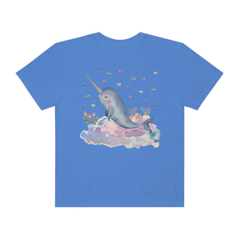 Funny Narwhal Tee Shirt with Dreamcore Aesthetic and Stars: Nineties Throwback | Kitschy Grandma Style Shirt, Eighties Inspired Colorful Tee Periwinkle