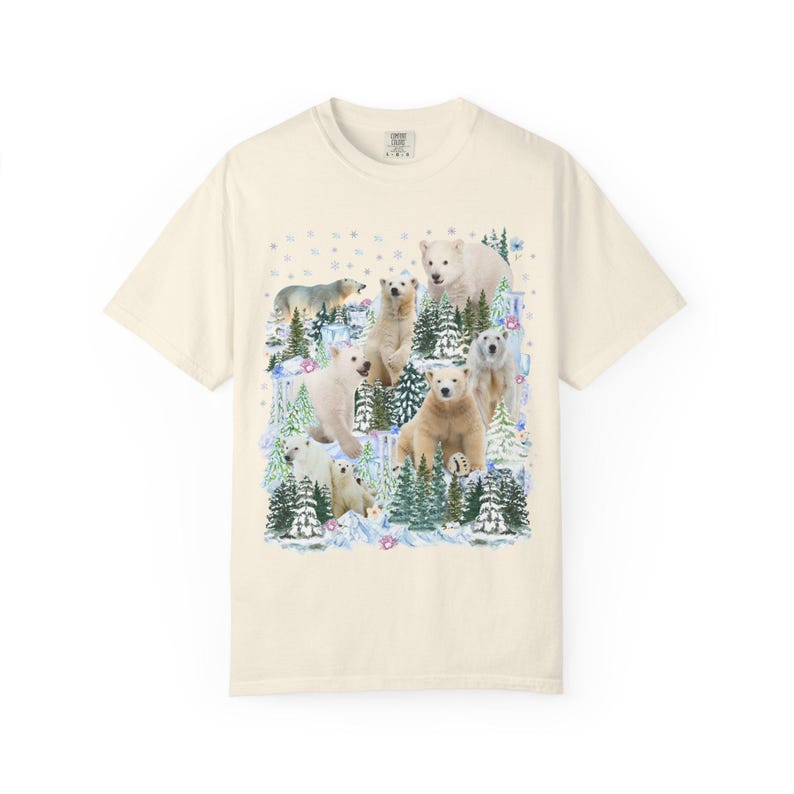 Boho Polar Bear Tee Shirt with Trees, Cute Forestcore Bear Lover Shirt with Snowflakes, Cozy Animal Lover Tee, Nineties Throwback Animal Tee Ivory
