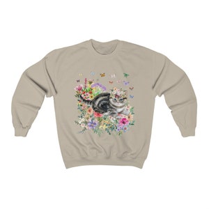 Kitten Sweatshirt: Butterflies and Flower | Cute Cat Gift, Adorable Flower Sweatshirt with Kitten, Gift for Cat Moms, Fun Kitten Gift Idea Sand
