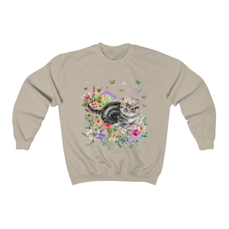Kitten Sweatshirt: Butterflies and Flower | Cute Cat Gift, Adorable Flower Sweatshirt with Kitten, Gift for Cat Moms, Fun Kitten Gift Idea Sand