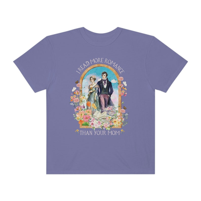 Funny Bookish Tee Shirt for Regency Romance Reader: I Read More Romance Than Your Mom | Floral Book Lover T-Shirt, Historical Romance Gift Grape