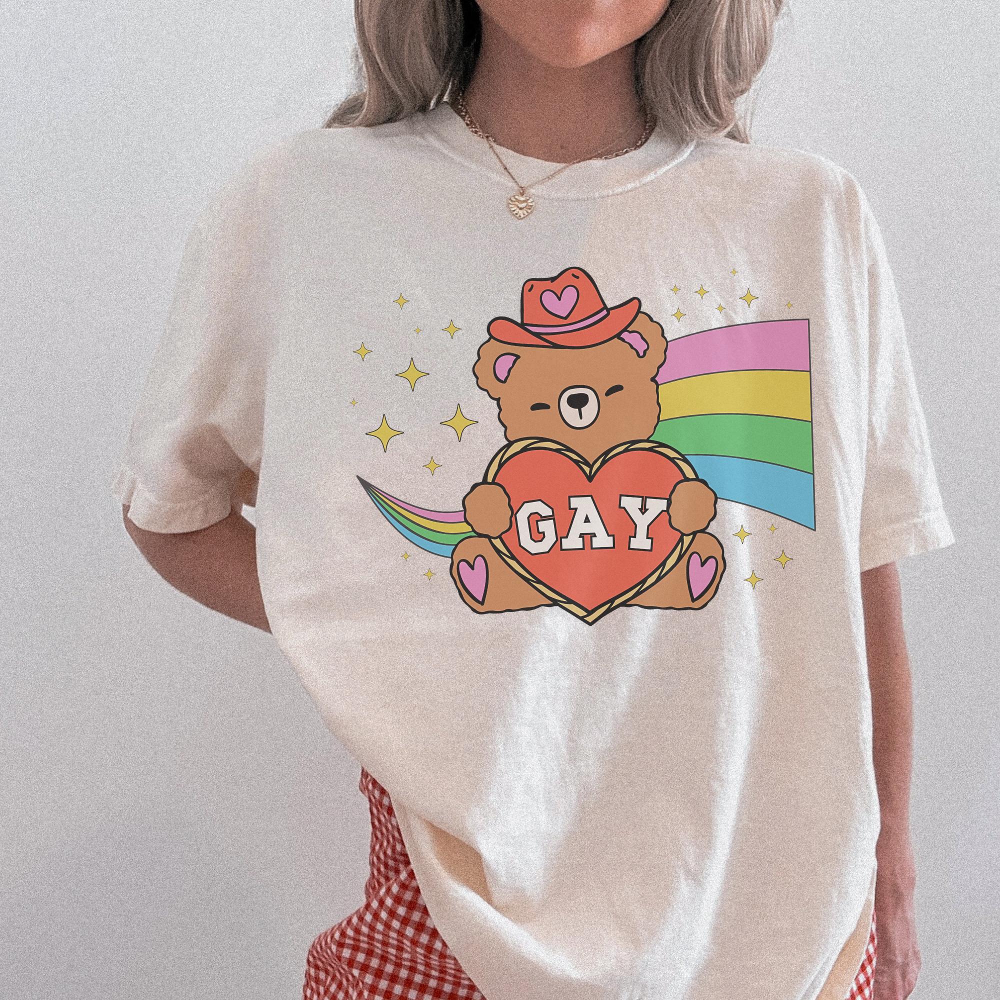 Adorable Gay Rights Tee Shirt with Dreamcore Cowboy Bear and Rainbow, Colorful Maximalist 90s Aesthetic T-Shirt, Equal Rights, LGBTQ T-Shirt