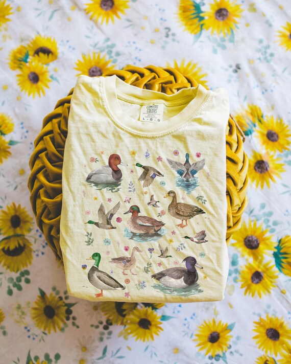 Cottagecore Duck Lover Tee Shirt with Boho Vintage Wildflowers, Cute Whimsigoth Animal Lover Graphic Tee With Colorful Ducks and Flowers