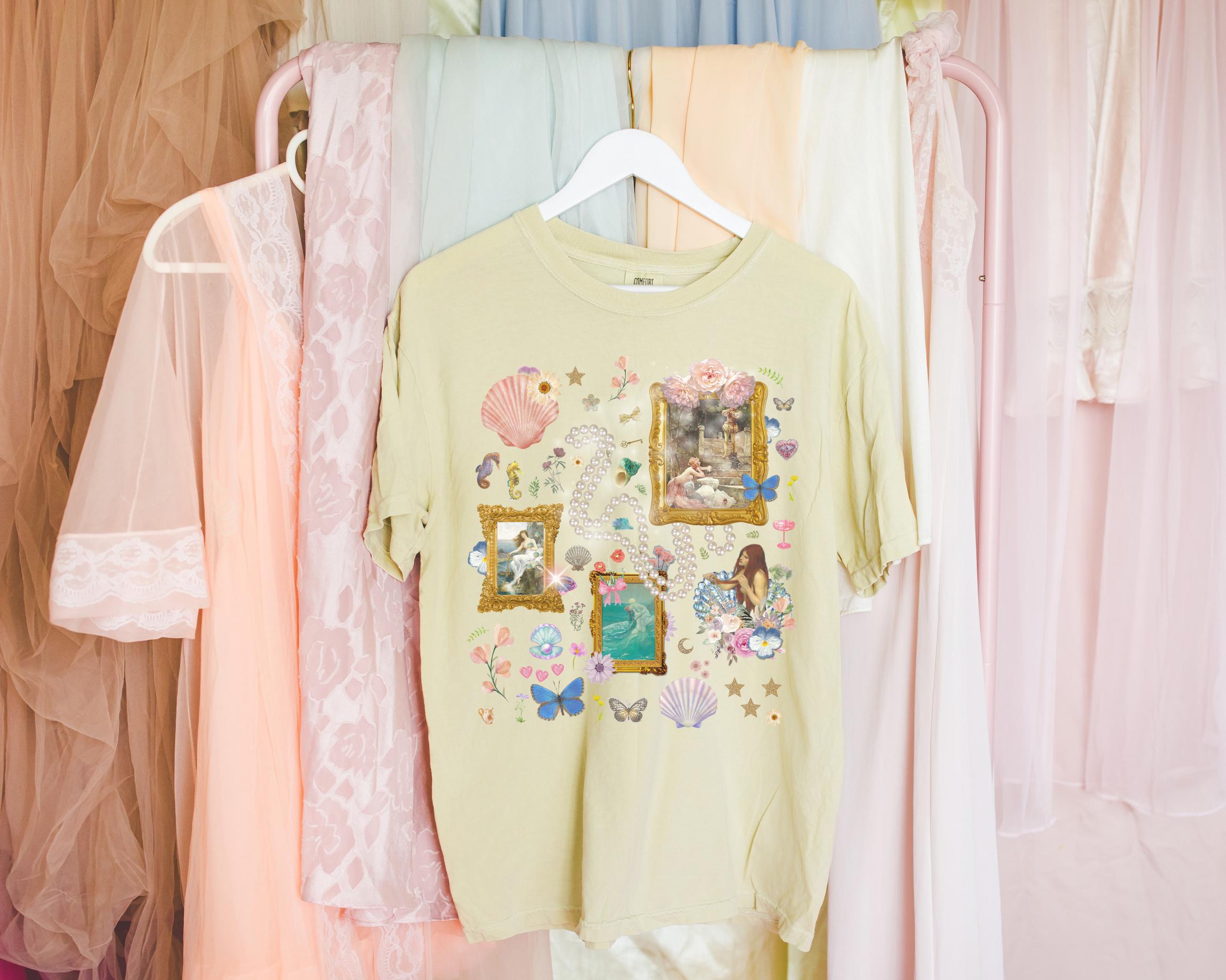 Mermaid Goblincore T-Shirt with Famous Paintings and Flowers, Colorful Maximalist Vintage Aesthetic Tee Shirt, Book Lover, Pressed Flowers