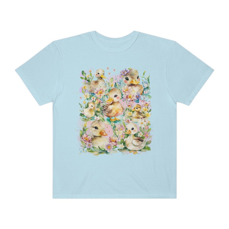 Divertida camiseta de pato con salpicaduras de acuarela transparente y flores de colores / Camiseta de amante de los patos de acuarela para primavera, camiseta retro de los años 90 Chambray