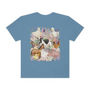 Funny and Whimsical Farm Animal Tee Shirt Inspired by 90s Animal Tees | Ridiculous and Cozy Cute Floral T-Shirt for Animal Lover or Farmer Blue Jean