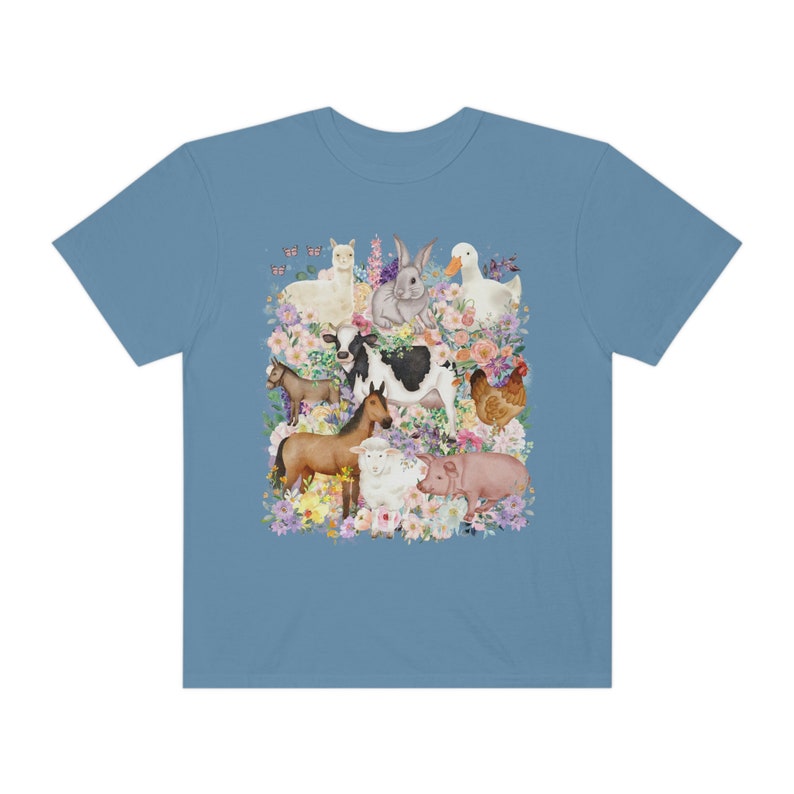 Funny and Whimsical Farm Animal Tee Shirt Inspired by 90s Animal Tees | Ridiculous and Cozy Cute Floral T-Shirt for Animal Lover or Farmer Blue Jean