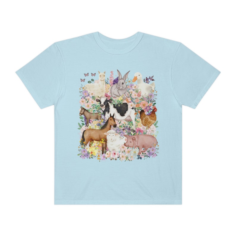 Funny and Whimsical Farm Animal Tee Shirt Inspired by 90s Animal Tees | Ridiculous and Cozy Cute Floral T-Shirt for Animal Lover or Farmer Chambray