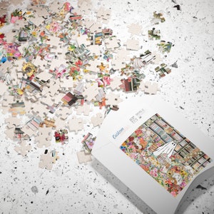 Bookish Halloween Puzzle in Library: Adorable Floral Ghost Surrounded by Books and Flowers | Fall Puzzle, Difficult Spooky Puzzle For Adults image 5