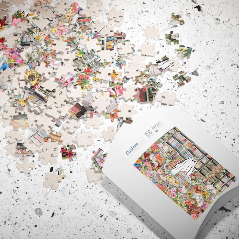 Bookish Halloween Puzzle in Library: Adorable Floral Ghost Surrounded by Books and Flowers | Fall Puzzle, Difficult Spooky Puzzle For Adults image 5