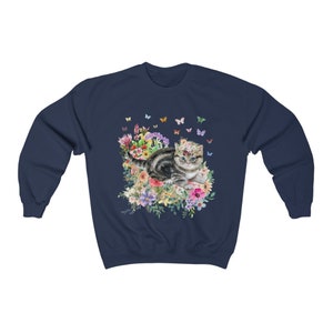 Kitten Sweatshirt: Butterflies and Flower | Cute Cat Gift, Adorable Flower Sweatshirt with Kitten, Gift for Cat Moms, Fun Kitten Gift Idea Navy