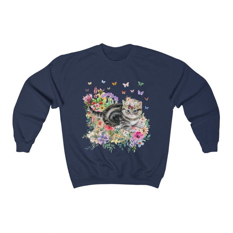 Kitten Sweatshirt: Butterflies and Flower | Cute Cat Gift, Adorable Flower Sweatshirt with Kitten, Gift for Cat Moms, Fun Kitten Gift Idea Navy