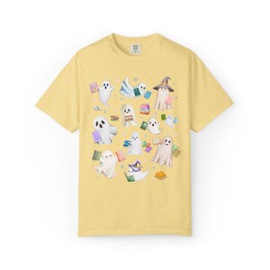 Bookish Ghost Lover Tee Shirt with Ghosts Holding Books for Reading Teacher or School Librarian, Silly Halloween Book Lover Matching Tee Butter