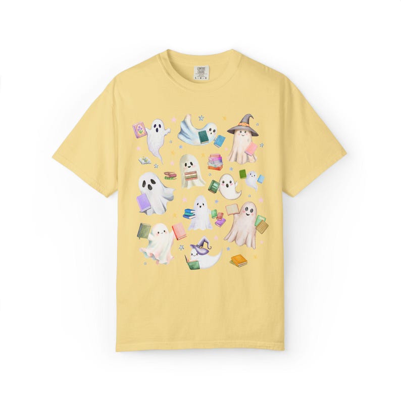 Bookish Ghost Lover Tee Shirt with Ghosts Holding Books for Reading Teacher or School Librarian, Silly Halloween Book Lover Matching Tee Butter