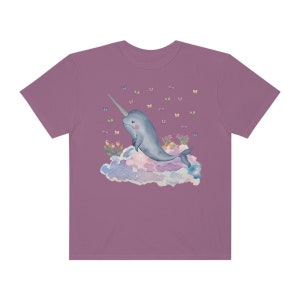 Funny Narwhal Tee Shirt with Dreamcore Aesthetic and Stars: Nineties Throwback | Kitschy Grandma Style Shirt, Eighties Inspired Colorful Tee Berry