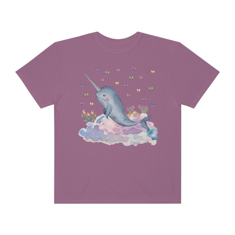 Funny Narwhal Tee Shirt with Dreamcore Aesthetic and Stars: Nineties Throwback | Kitschy Grandma Style Shirt, Eighties Inspired Colorful Tee Berry