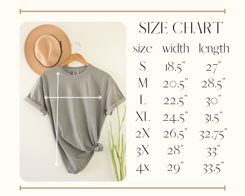 May include: Size chart for a t-shirt with measurements in inches. The chart shows the size, width, and length of the shirt in inches. Sizes include S, M, L, XL, 2X, 3X, and 4X.