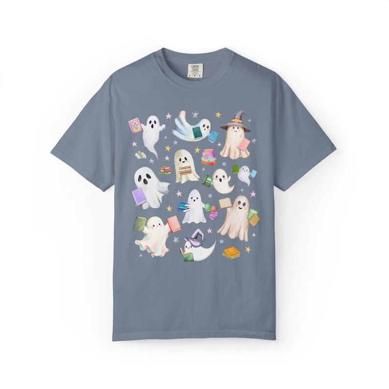 Bookish Ghost Lover Tee Shirt with Ghosts Holding Books for Reading Teacher or School Librarian, Silly Halloween Book Lover Matching Tee Blue Jean