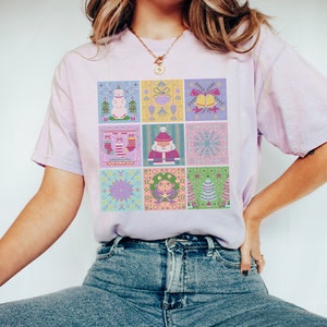 Pastel Christmas Shirt: Cross Stitch Style Vintage Aesthetic Tee for Holidays | Colorful Retro T-Shirt for Holiday Party, Kitschy XMas Tee