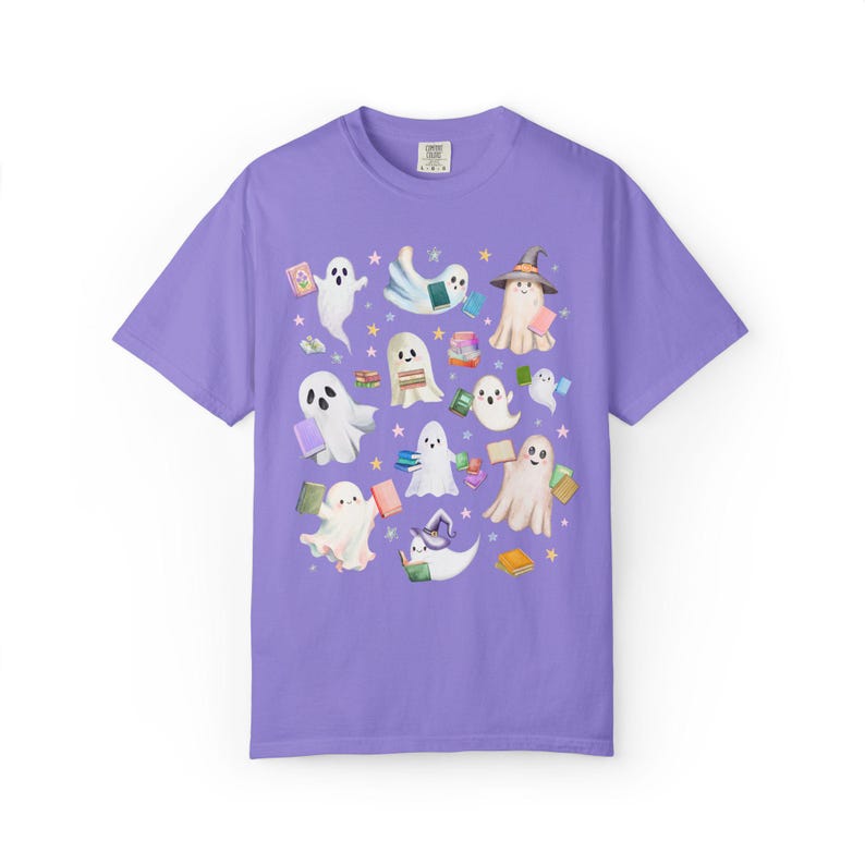 Bookish Ghost Lover Tee Shirt with Ghosts Holding Books for Reading Teacher or School Librarian, Silly Halloween Book Lover Matching Tee Violet