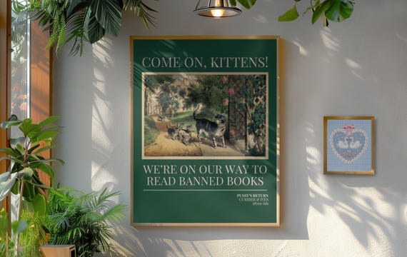 Read Banned Books Cat Lover Poster Print, Reading Teacher, Romance Reader, Silly Equal Rights Bookish Gift, Kittens Your Grandma Would Love