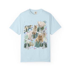 Boho Polar Bear Tee Shirt with Trees, Cute Forestcore Bear Lover Shirt with Snowflakes, Cozy Animal Lover Tee, Nineties Throwback Animal Tee Chambray