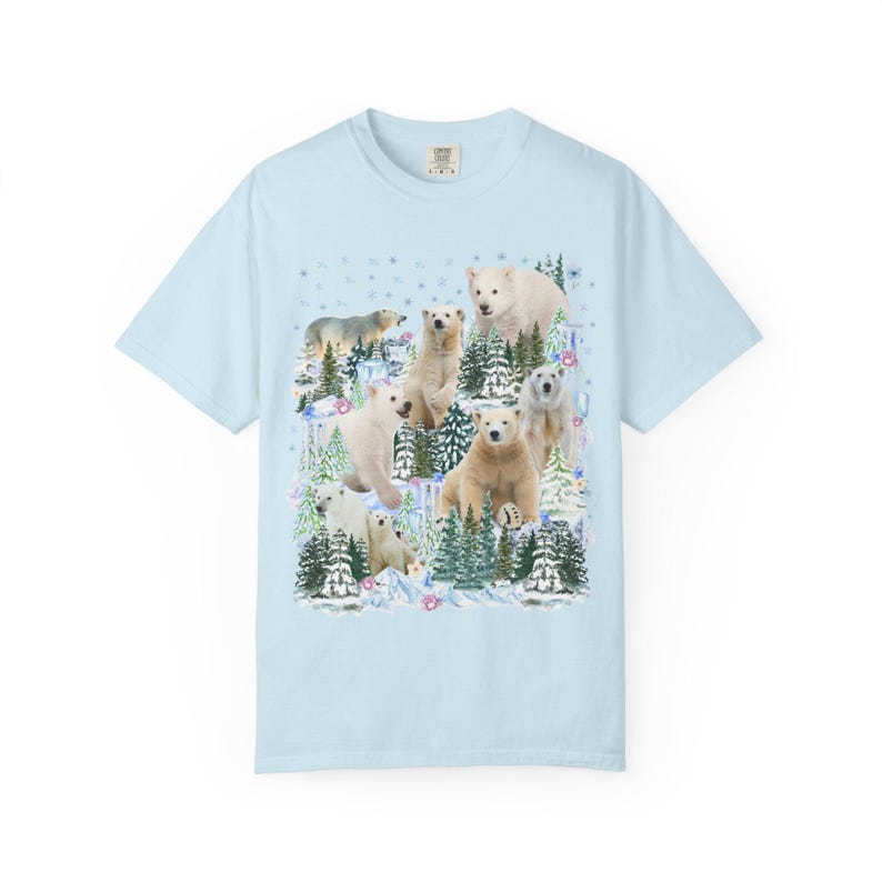 Boho Polar Bear Tee Shirt with Trees, Cute Forestcore Bear Lover Shirt with Snowflakes, Cozy Animal Lover Tee, Nineties Throwback Animal Tee Chambray