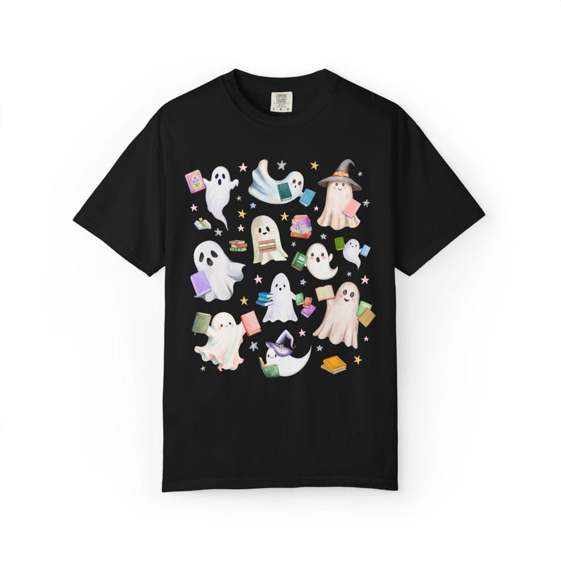 Bookish Ghost Lover Tee Shirt with Ghosts Holding Books for Reading Teacher or School Librarian, Silly Halloween Book Lover Matching Tee Black