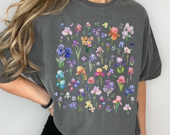 Iris Flower Tee Shirt: Boho Goblincore Garden Lover Gift, February Birth Month Flower, Cottagecore Garden Tee for Mother's Day or Birthday