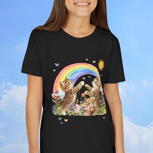 Maglietta per bambini con stampa floreale e arcobaleno, stile anni '90 con farfalle, regalo di compleanno perfetto per gli amanti dei gatti.