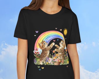 Maglietta per bambini con stampa floreale e arcobaleno, stile anni '90 con farfalle, regalo di compleanno perfetto per gli amanti dei gatti.