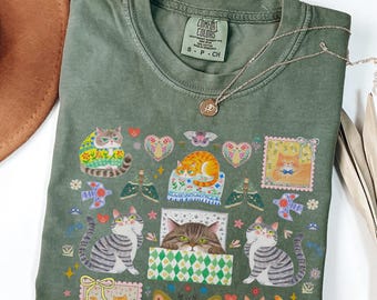 Lustiges Katzenliebhaber-T-Shirt, Boho Blumenvolkskunstästhetik, buntes Maximalist-Tierliebhaber-T-Shirt für Katzenmutter oder Katzenvater, Katzenliebhaber Geschenk