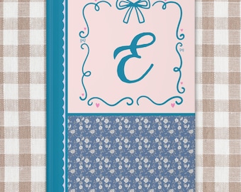 Colorful Floral Notebook with Initial, Cute Birthday Gift for Daughter or Friend Who Loves to Journal, Blue Toile and Coquette Doodle Bow: A