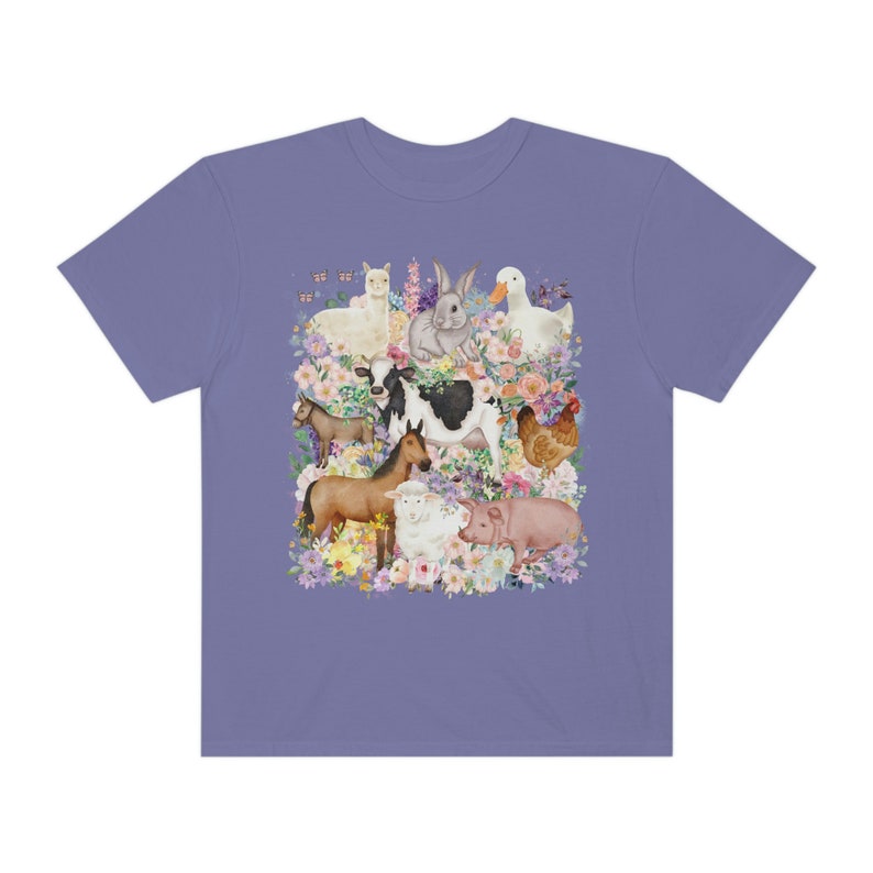 Funny and Whimsical Farm Animal Tee Shirt Inspired by 90s Animal Tees | Ridiculous and Cozy Cute Floral T-Shirt for Animal Lover or Farmer Grape