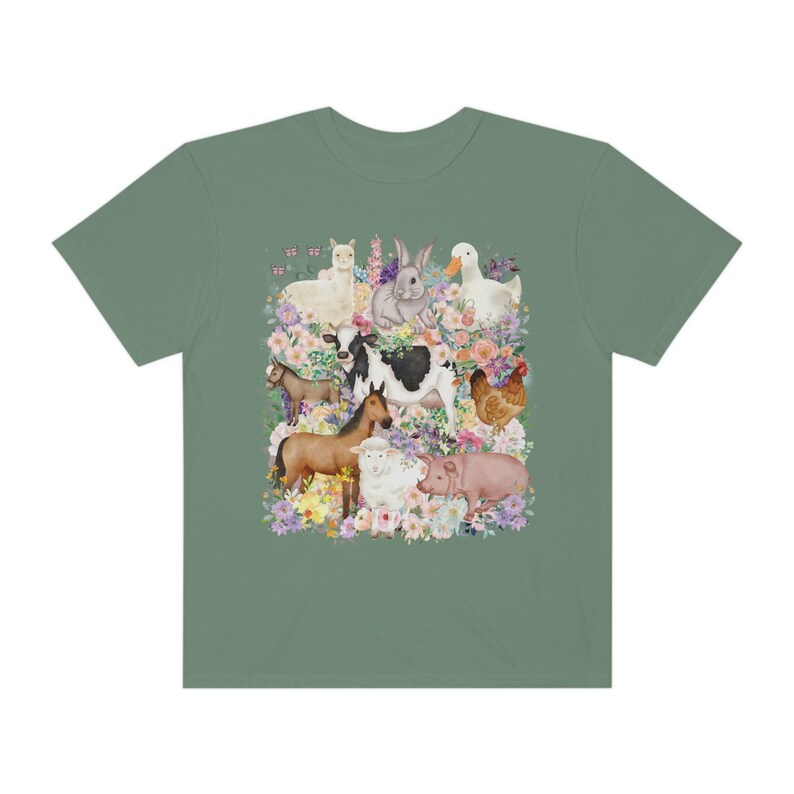 Funny and Whimsical Farm Animal Tee Shirt Inspired by 90s Animal Tees | Ridiculous and Cozy Cute Floral T-Shirt for Animal Lover or Farmer Moss