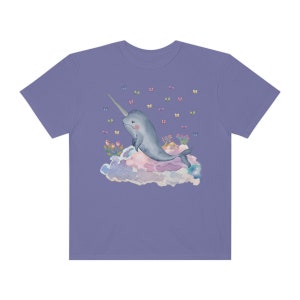 Funny Narwhal Tee Shirt with Dreamcore Aesthetic and Stars: Nineties Throwback | Kitschy Grandma Style Shirt, Eighties Inspired Colorful Tee Grape