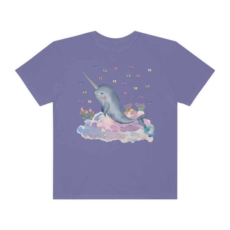 Funny Narwhal Tee Shirt with Dreamcore Aesthetic and Stars: Nineties Throwback | Kitschy Grandma Style Shirt, Eighties Inspired Colorful Tee Grape