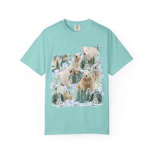 Boho Polar Bear Tee Shirt with Trees, Cute Forestcore Bear Lover Shirt with Snowflakes, Cozy Animal Lover Tee, Nineties Throwback Animal Tee Chalky Mint