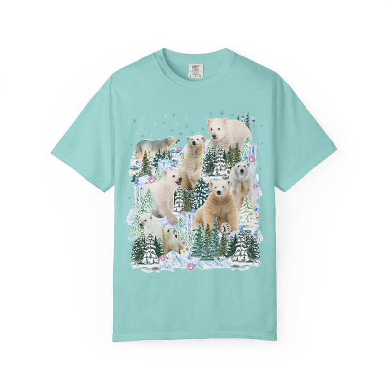 Boho Polar Bear Tee Shirt with Trees, Cute Forestcore Bear Lover Shirt with Snowflakes, Cozy Animal Lover Tee, Nineties Throwback Animal Tee Chalky Mint
