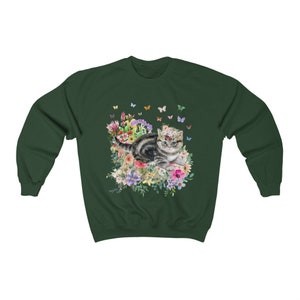 Kitten Sweatshirt: Butterflies and Flower | Cute Cat Gift, Adorable Flower Sweatshirt with Kitten, Gift for Cat Moms, Fun Kitten Gift Idea Forest Green