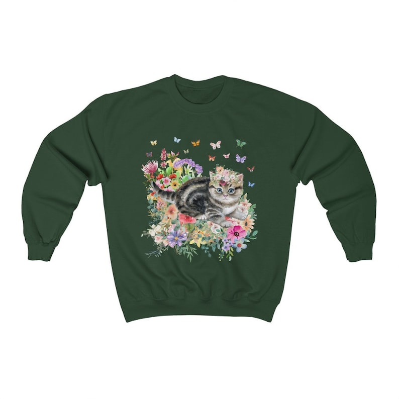 Kitten Sweatshirt: Butterflies and Flower | Cute Cat Gift, Adorable Flower Sweatshirt with Kitten, Gift for Cat Moms, Fun Kitten Gift Idea Forest Green