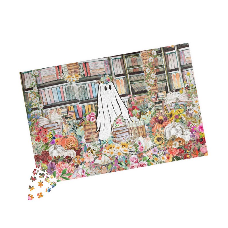 Bookish Halloween Puzzle in Library: Adorable Floral Ghost Surrounded by Books and Flowers | Fall Puzzle, Difficult Spooky Puzzle For Adults image 3