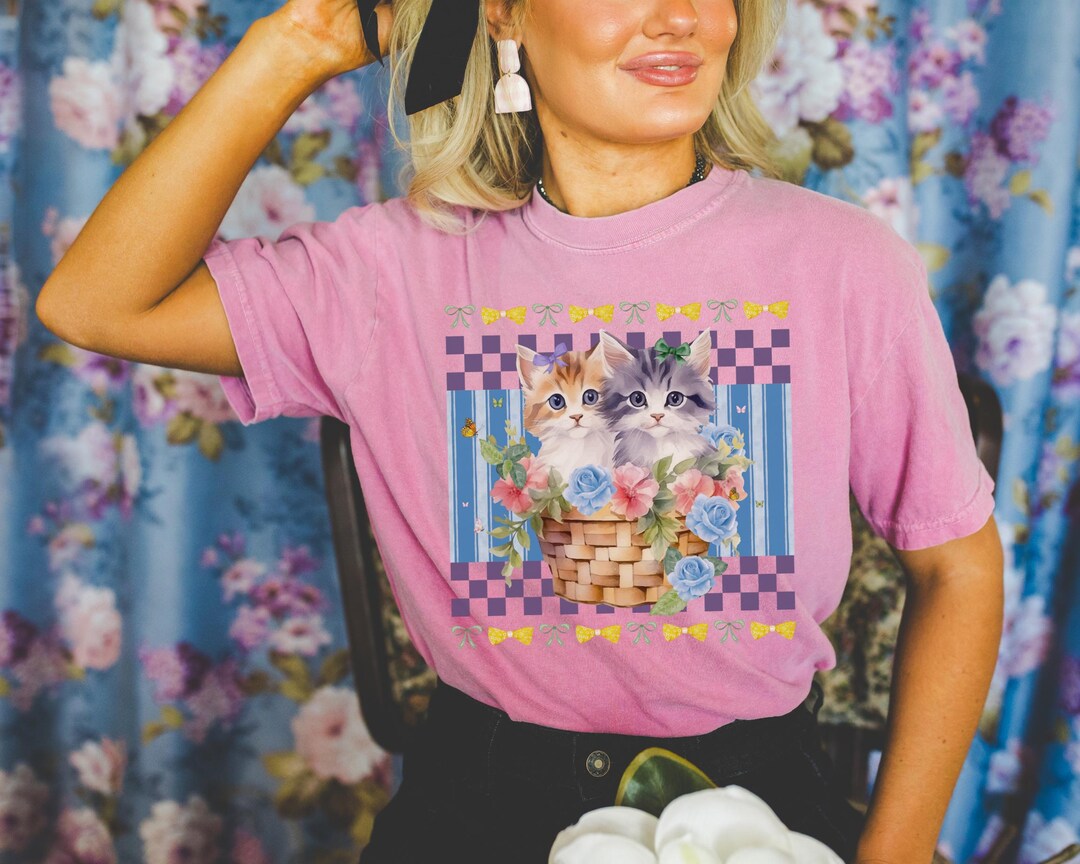 Colorful Cat Mom Tee Shirt With Two Cute Kittens Sitting in a Basket ...