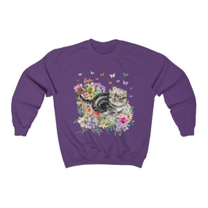 Kitten Sweatshirt: Butterflies and Flower | Cute Cat Gift, Adorable Flower Sweatshirt with Kitten, Gift for Cat Moms, Fun Kitten Gift Idea Purple