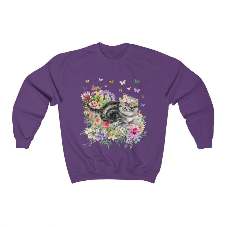 Kitten Sweatshirt: Butterflies and Flower | Cute Cat Gift, Adorable Flower Sweatshirt with Kitten, Gift for Cat Moms, Fun Kitten Gift Idea Purple